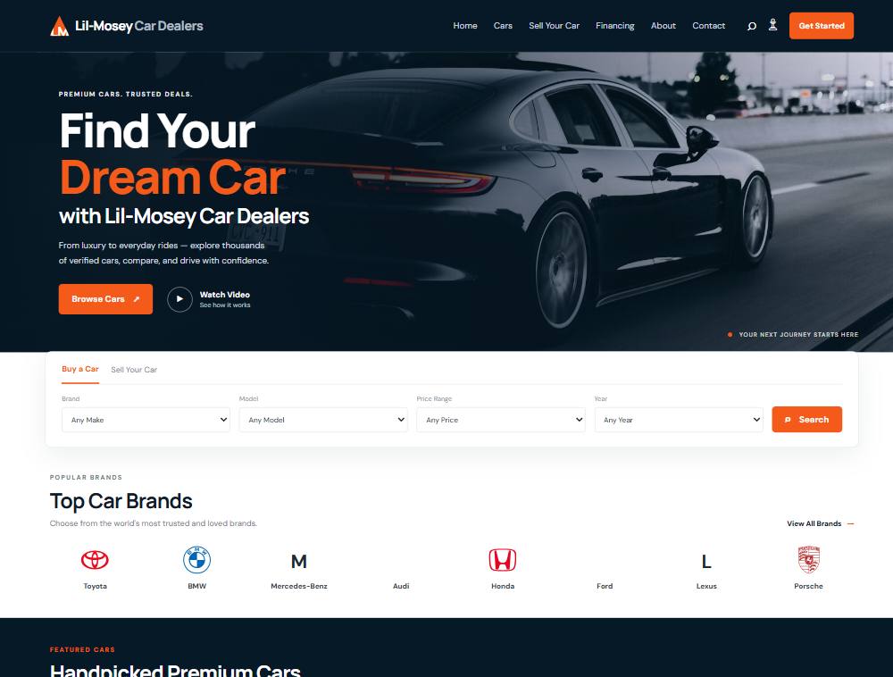 Car dealership website home page with search bar and vehicle listings
