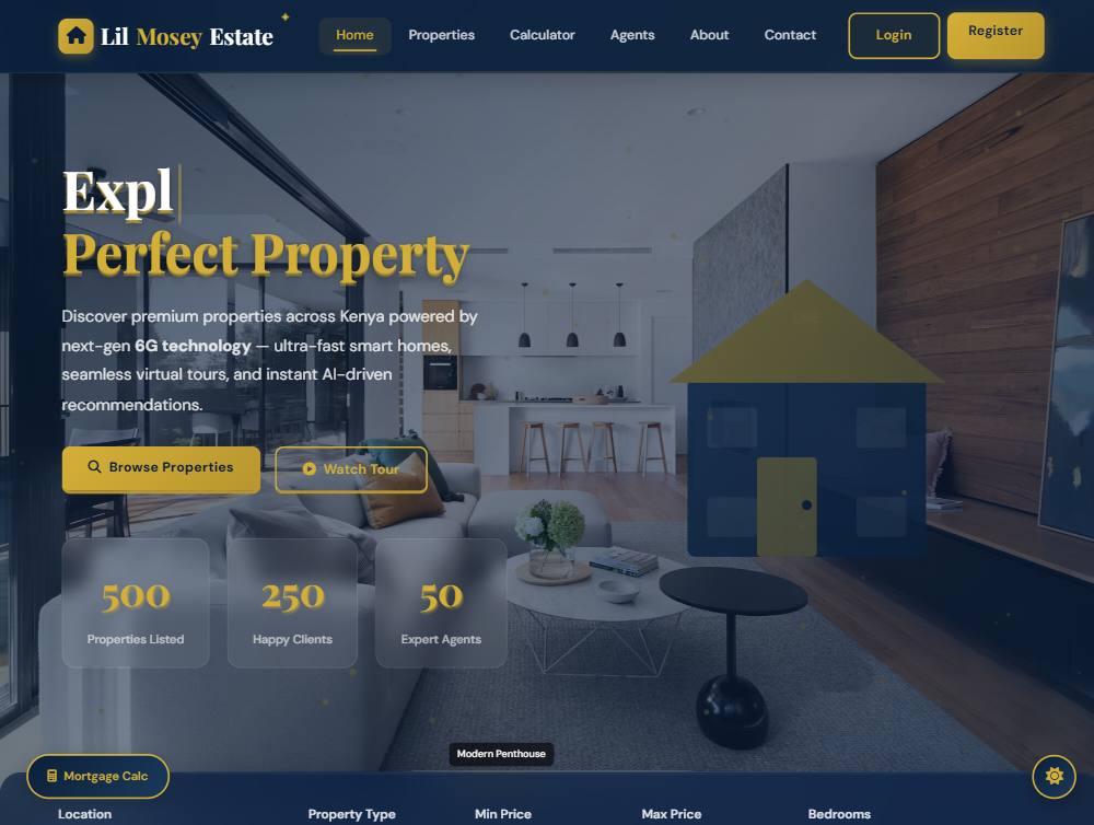 Real estate platform home page with property search and featured listings