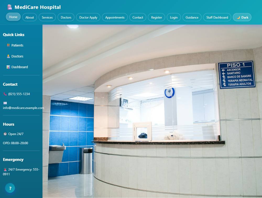 Lil Mosey Hospital home page with hero banner and department cards