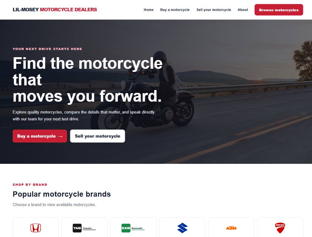 Motorcycle dealership home page with featured bike and listings